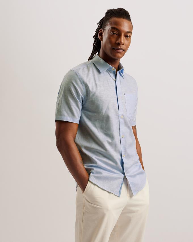 Chemises Ted Baker Short Sleeve Linen Cotton Bleu Homme | YHO-59761731